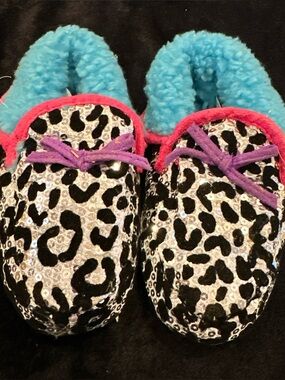 Leopard Sequin Cozy Slippers with Bright Trim